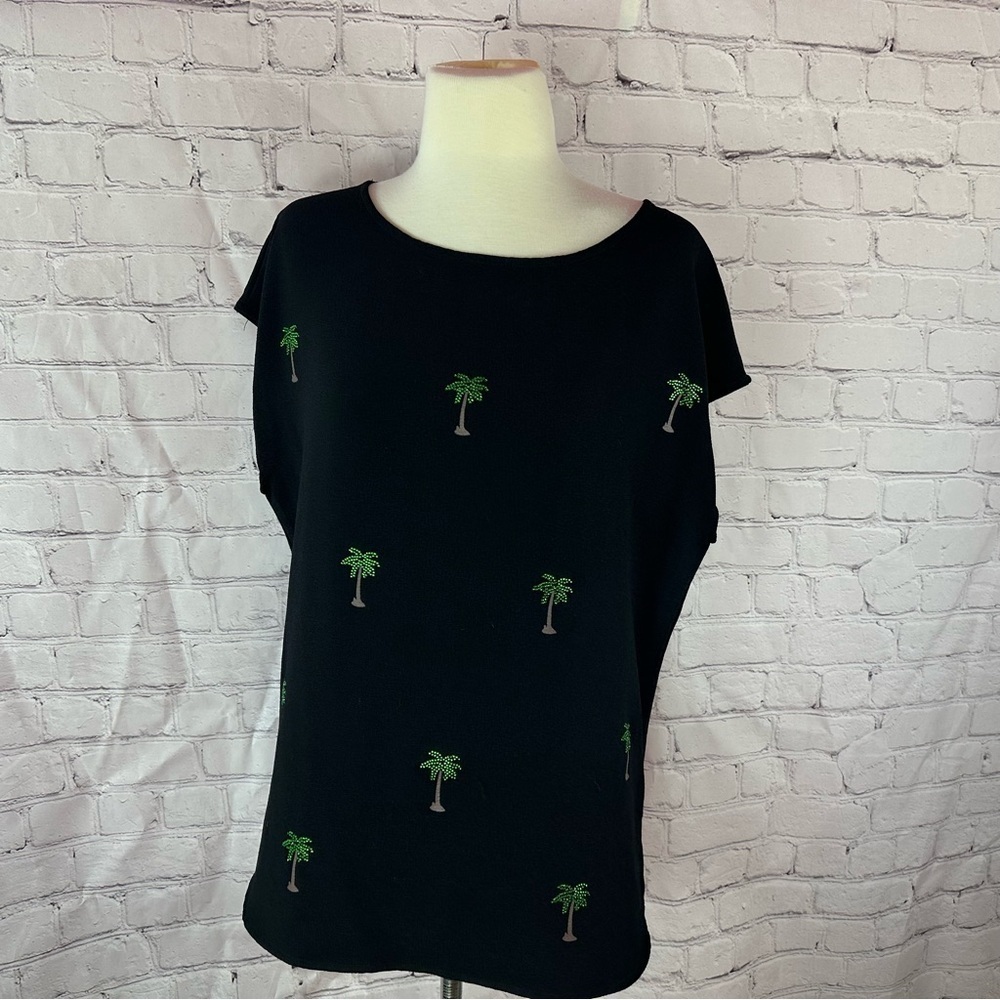 Marc New York cap sleeve top sequin palm trees tropical beach travel women L
